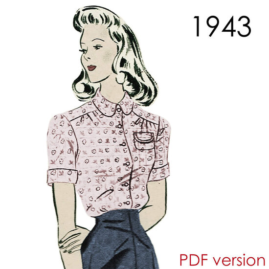 1943 Blouse.   Bust 100 cm (39.4"). PDF pattern.
